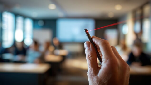 Laser Pointer in Hand During Presentation in Conference Room.