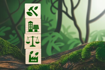 Sustainable business development concept with environmental, social, and governance icons on wooden blocks set against a lush forest backdrop