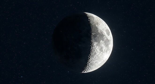 Half Moon In The Dark Night Sky With Stars.