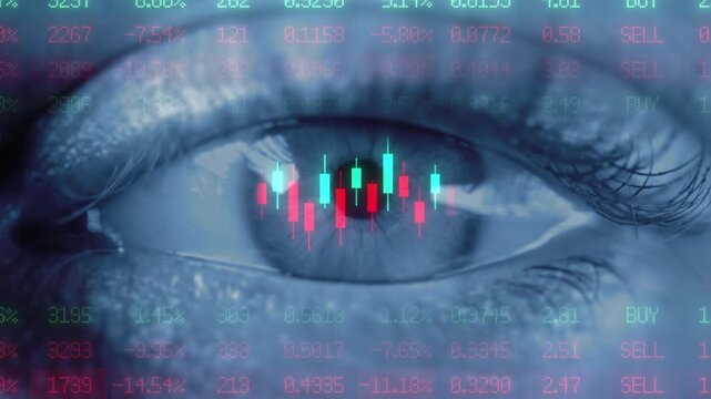 Close up of human eye with candlestick chart reflection, trader vision of financial market, forex and BTC ETH cryptocurrency trading, stock exchange, investment and digital finance concept