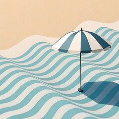 minimalist beach umbrella stylized blue and white striped waves.