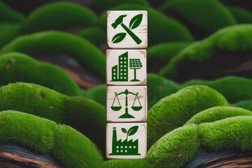 ESG concept with icons for environmental, social, and governance principles on wooden blocks against a lush green moss background