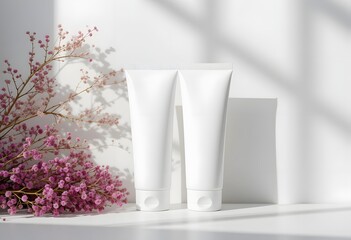 Elegant cosmetic tubes mockup with floral accents and soft light create a stunning visual for beauty and skincare promotions in a modern setting