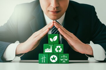 Corporate manager protecting ESG principles with green blocks representing environmental, social, and governance factors for a sustainable business