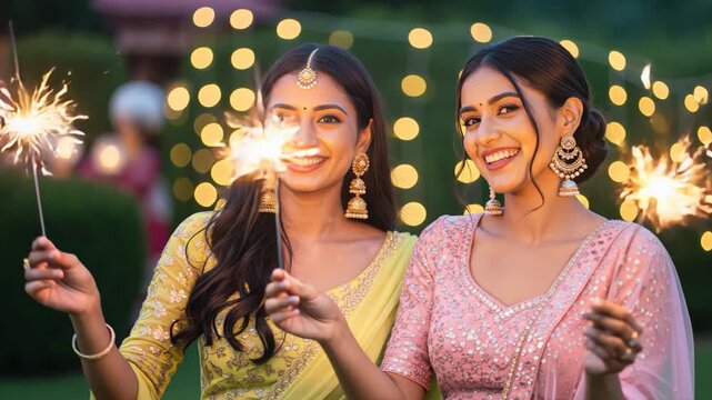 women friends holding sparkler on diwali festival 