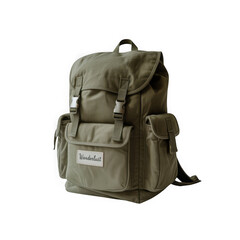 Fototapeta premium Classic military style canvas backpack in muted green color with front flap pocket, isolated on a pure transparent background for retail display.