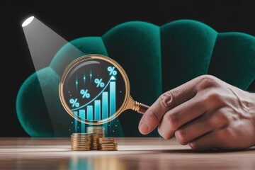 Financial analysis concept with a hand holding a magnifying glass to reveal a rising bar chart with percentage symbols over a stack of coins