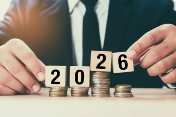 Businessman setting financial goals for the year 2026, stacking blocks on coins representing future savings, investment, and business growth