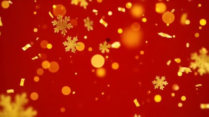 Golden Snowflakes and Confetti Falling on a Red Background. - Powered by Adobe