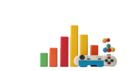 Colorful bar graph with game controller representing growth in the gaming industry on transparent background