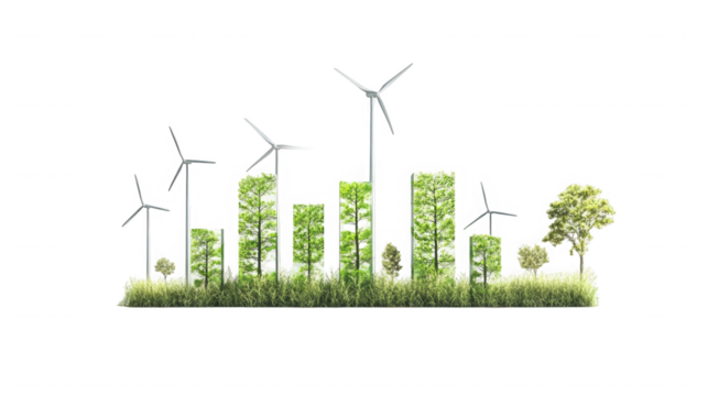 Green energy city skyline with wind turbines and trees on transparent background