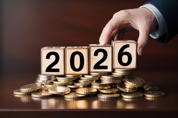 Businessman's hand building the year 2026 with wooden blocks on a pile of gold coins, symbolizing financial planning and investment for the future