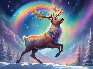Reindeer running under rainbow night sky