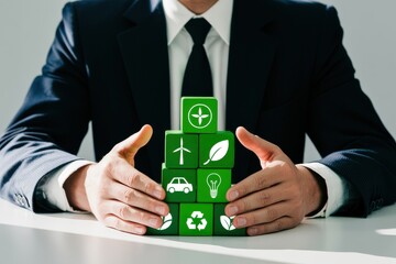Sustainable business concept with a manager building a foundation of environmental icons for a green corporate strategy