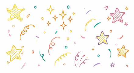 Star background confetti set. Hand drawn doodle star shapes and birthday confetti with cute sparkle, holiday twinkle brush elements, and glowing cartoon kid pattern. Vector illustration