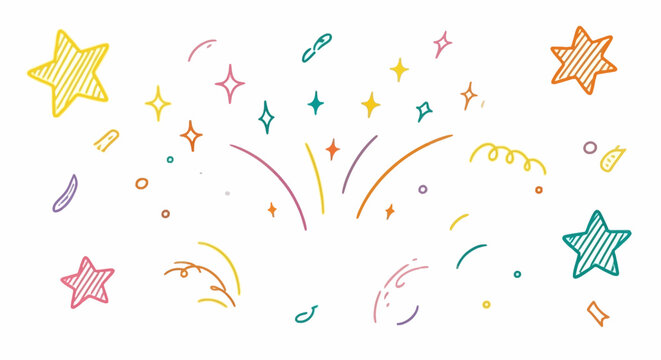 Star background confetti set. Hand drawn doodle star shapes and birthday confetti with cute sparkle, holiday twinkle brush elements, and glowing cartoon kid pattern. Vector illustration