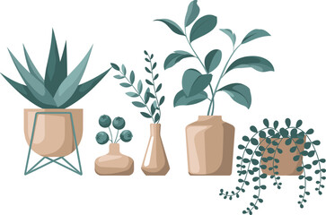 Modern indoor plant illustration, minimalist home decor, potted plants artwork, stylish houseplants vector, contemporary greenery design, cozy botanical interior art