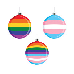 LGBTQ and Transgender flag Christmas ball icon set vector on a white background. LGBTQ+ decorative rainbow Christmas tree ornament. Christmas hanging multicolored bauble with pride flag symbol