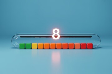 Modern performance indicator concept showing a score of eight on a futuristic glass progress bar with a colorful gradient scale