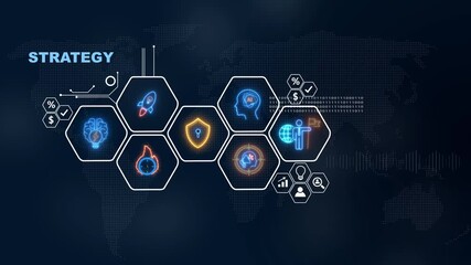 Digital global strategy visualization featuring icons and world map in futuristic style, social network icons ,Beautiful motion waving dots map texture with glowing defocused particles 4k video. - Powered by Adobe