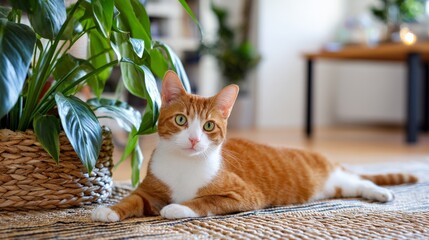 Relaxed orange tabby cat on woven rug near indoor green plant