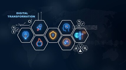 Digital transformation concept with a world map and business icons for innovation, social network icons ,Beautiful motion waving dots map texture with glowing defocused particles 4k video. - Powered by Adobe