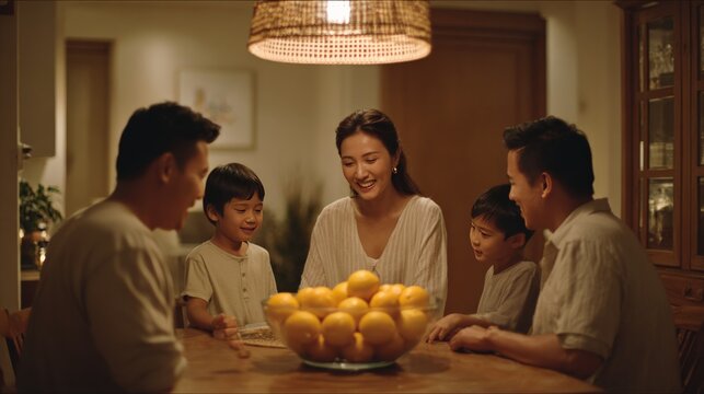 Family gathering around dinner table with asian adults and children