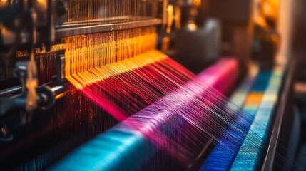 A close-up view of textile machinery weaving colorful fabric threads in intricate motion, showcasing photo-realistic details of the process.