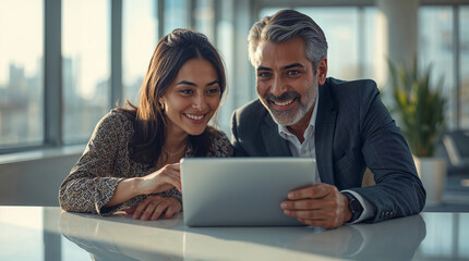 Diverse colleagues smiling collaborating on tablet in bright modern office setting