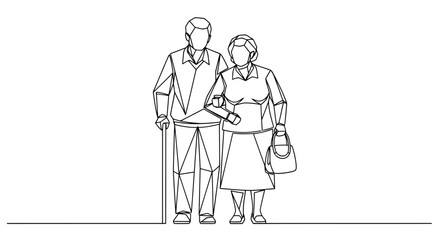 Obraz premium Elderly couple standing together continuous line art vector illustration for family and relationship