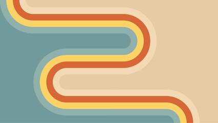 Abstract groovy retro rainbow background with 70s wave line. Vintage stripe pattern design for wallpaper. Dynamic swirl flow with creative playful curvy artwork template. 1960s hippie music print 