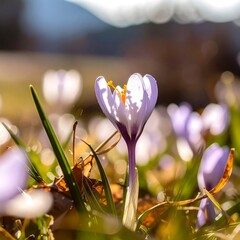 A single crocus blooms in sunlight