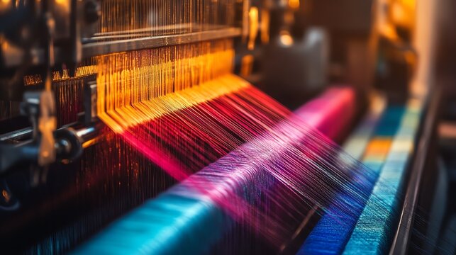 A close-up view of textile machinery weaving colorful fabric threads in intricate motion, showcasing photo-realistic details of the process.