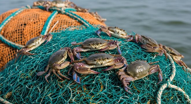 Close-up view of crabs caught in a fishing net, showcasing marine life and seafood.
