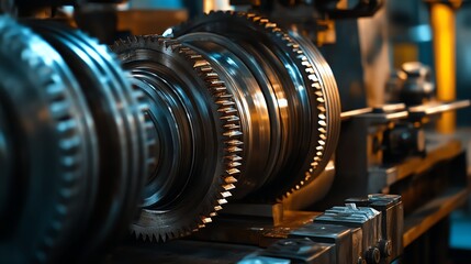 An engineer meticulously inspects heavy machinery gears in a workshop, showcasing the intricate details and greasy textures of metal components.