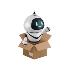 Vector cartoon 3d logistics automation. Realistic 3d render robot character in open carton box. Futuristic parcel management, chat bot delivery assistant service concept, smart storage