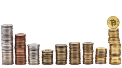 Stacks of coins showing growth with bitcoin on top representing financial success on transparent background