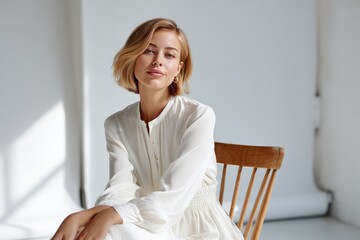Naklejka premium Caucasian female in white dress sitting on wooden chair in sunlit studio