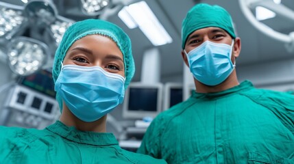 Asian female and male surgeons in operating room with masks and scrubs