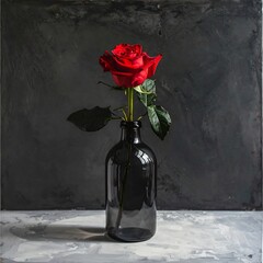 A single red rose in a dark gray bottle