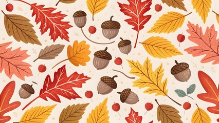 Fototapeta premium Seamless background pattern illustration featuring colorful autumn leaves and acorns.