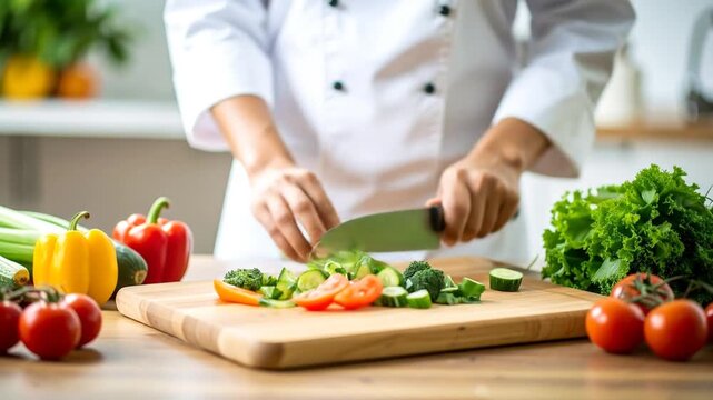 Chef Chopping Fresh Vegetables in Kitchen