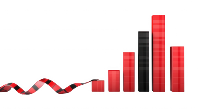 Red and black bar graph showing business growth with ribbon on transparent background