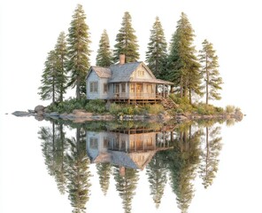 Fototapeta premium Rustic cabin on a tranquil island reflected in a glassy lake