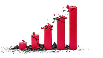 Broken red bars showing a growth chart against a stark black studio background on transparent background
