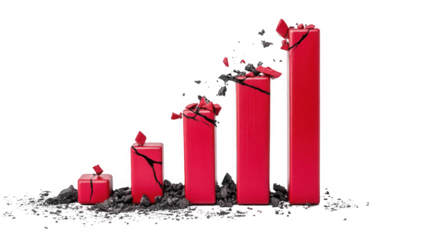 Broken red bars showing a growth chart against a stark black studio background on transparent background