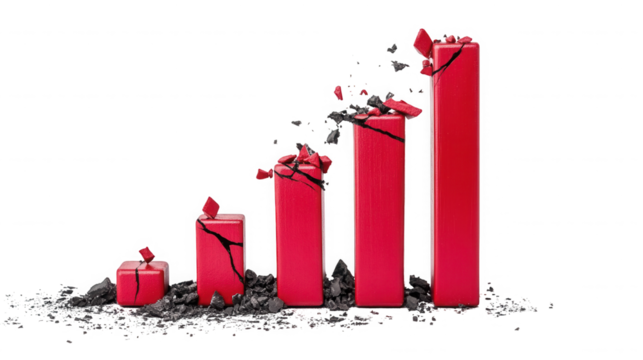 Broken red bars showing a growth chart against a stark black studio background on transparent background