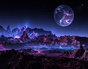 Alien landscape, purple mountains, and a planet in the sky