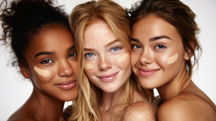 Three smiling young women with different skin tones standing together in a studio with white background. African, Caucasian, Latina descent. Each woman has swatch of foundation on cheek. Generative AI