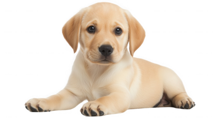 Adorable golden labrador puppy lying down looking directly at the camera on transparent background
